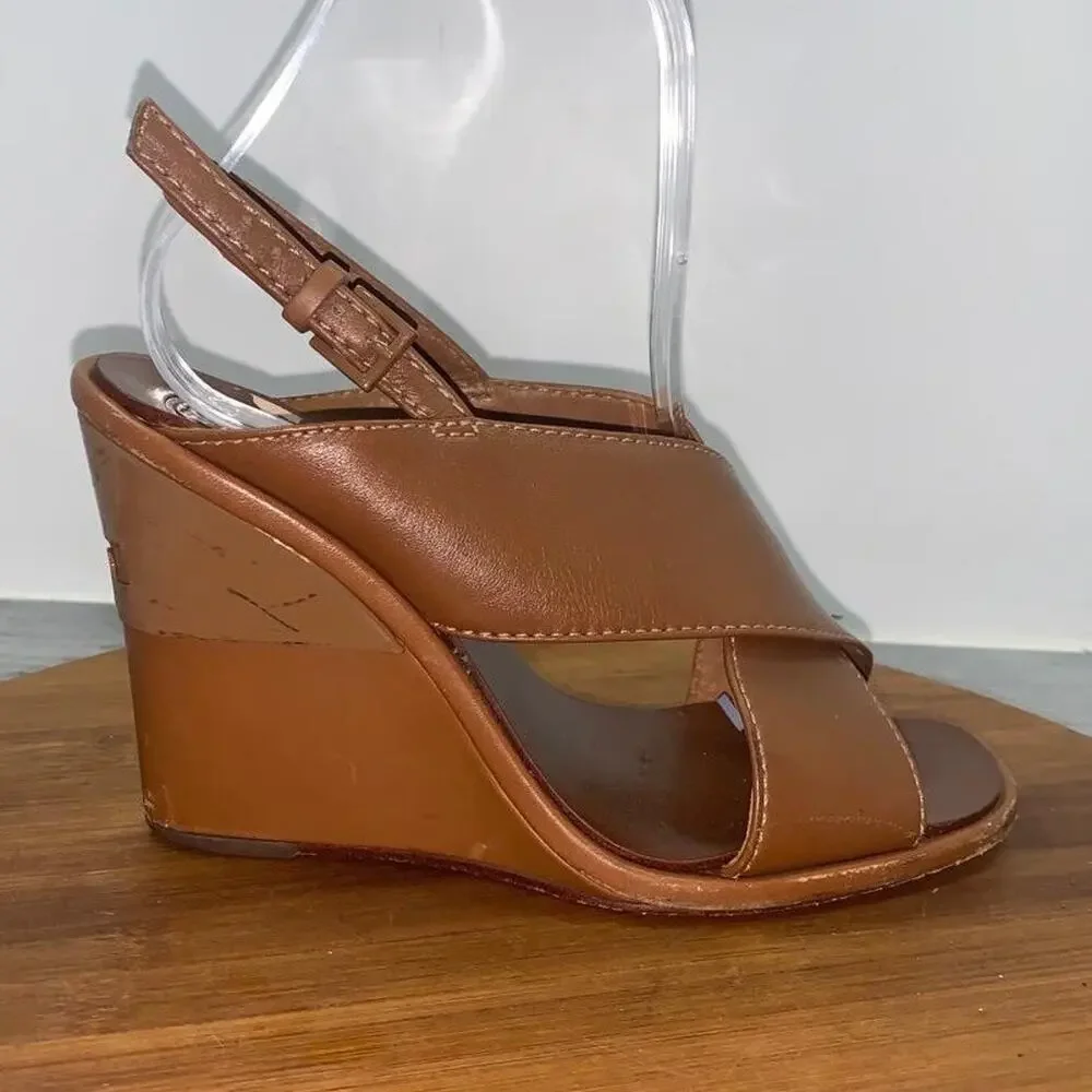 Tory Burch Women's 6M Gabrielle Royal Tan Leather Wedge Sandals Shoes 42965